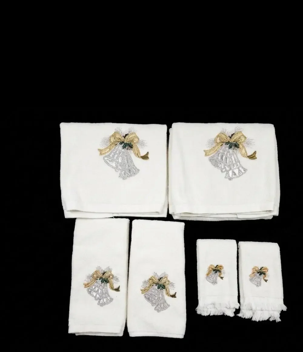 Vintage Made In USA White Christmas Towel Set Bath, Hand, Washcloth Gold Bell